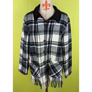 Coldwater Creek Women's M Black White Plaid Jacket Fringe Acrylic Pockets EUC